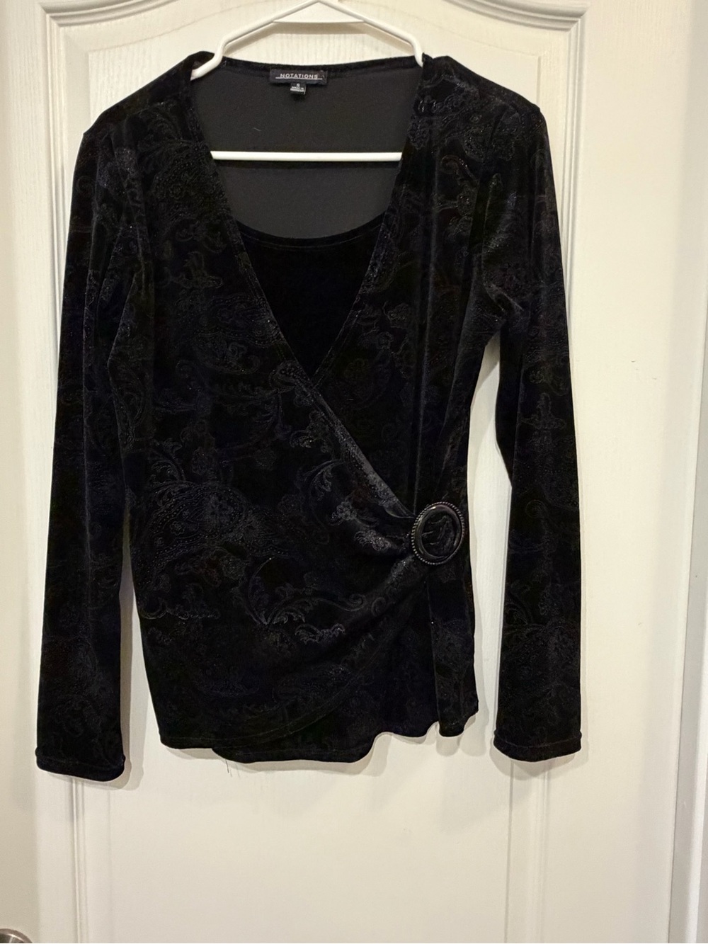 Notations Black Velvet Wrap Long-Sleeve Top with Buckle